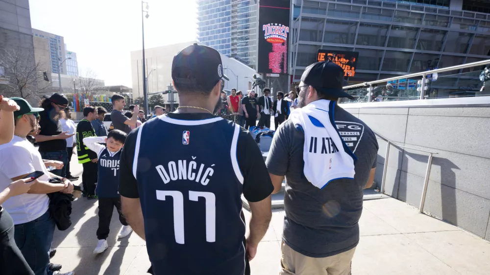 Feb 2, 2025; Dallas, Texas, USA; Dallas Mavericks fans gather at a mock funeral before the game between the Dallas Stars and the Columbus Blue Jackets at American Airlines Center to protest the trade of Mavericks point guard Luka Doncic to the Los Angeles Lakers. Mandatory Credit: Jerome Miron-Imagn Images