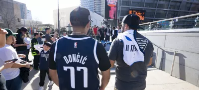 Feb 2, 2025; Dallas, Texas, USA; Dallas Mavericks fans gather at a mock funeral before the game between the Dallas Stars and the Columbus Blue Jackets at American Airlines Center to protest the trade of Mavericks point guard Luka Doncic to the Los Angeles Lakers. Mandatory Credit: Jerome Miron-Imagn Images