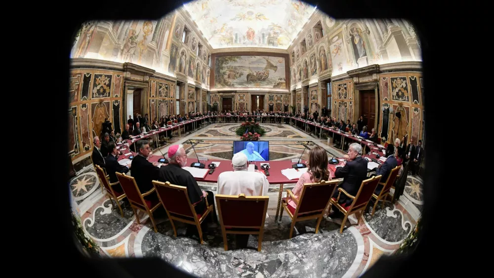 Pope Francis speaks during the World Leaders Summit on children's rights at the Vatican, February 3, 2025.  Vatican Media/­Handout via REUTERS  ATTENTION EDITORS - THIS IMAGE WAS PROVIDED BY A THIRD PARTY.