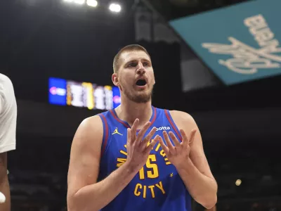 Denver Nuggets center Nikola Jokic argues for a call in the first half of an NBA basketball game against the New Orleans Pelicans, Monday, Feb. 3, 2025, in Denver. (AP Photo/David Zalubowski)