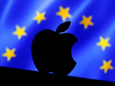 FILE PHOTO: A 3D printed Apple logo is seen in front of a displayed European Union flag in this illustration taken September 2, 2016. REUTERS/Dado Ruvic/Illustration/File Photo