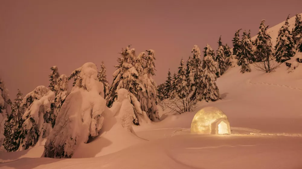 RA5PX9 Winter wonderland with igloo snow. Night scene with snow firs and snowdrift. Landscape in red