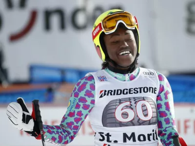 ﻿Alpine Skiing - FIS Alpine Skiing World Cup - Women's Alpine Super G - St. Moritz, Switzerland - December 9, 2017 - Sabrina Simader of Kenya reacts at the finish line. REUTERS/Arnd Wiegmann