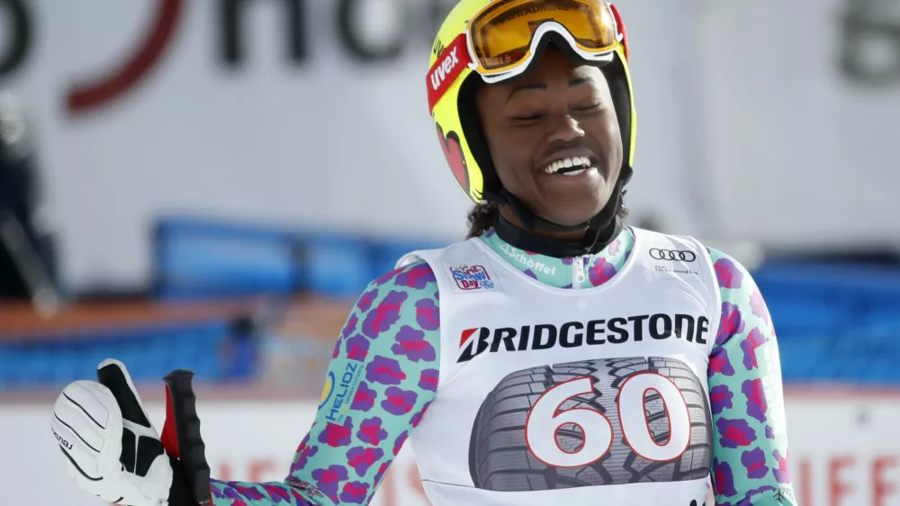 ﻿Alpine Skiing - FIS Alpine Skiing World Cup - Women's Alpine Super G - St. Moritz, Switzerland - December 9, 2017 - Sabrina Simader of Kenya reacts at the finish line. REUTERS/Arnd Wiegmann