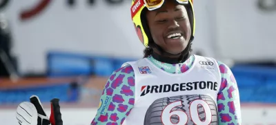 ﻿Alpine Skiing - FIS Alpine Skiing World Cup - Women's Alpine Super G - St. Moritz, Switzerland - December 9, 2017 - Sabrina Simader of Kenya reacts at the finish line. REUTERS/Arnd Wiegmann