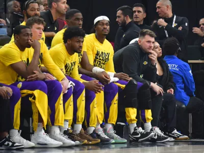 Feb 4, 2025; Inglewood, California, USA; against the Los Angeles Lakers guard Luka Doncic watches game action against the against the Los Angeles Clippers during the first half at Intuit Dome. Mandatory Credit: Gary A. Vasquez-Imagn Images