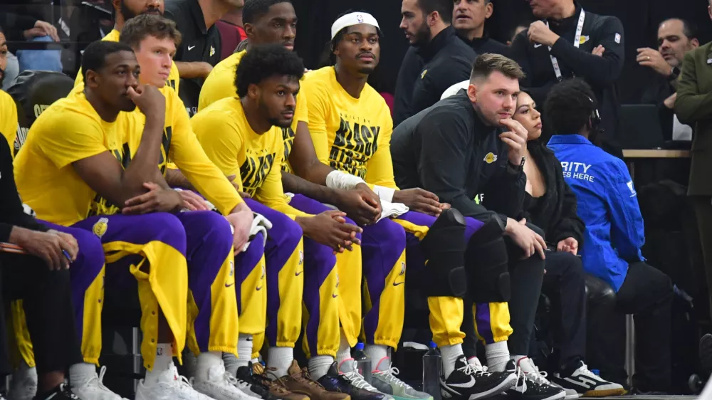 Feb 4, 2025; Inglewood, California, USA; against the Los Angeles Lakers guard Luka Doncic watches game action against the against the Los Angeles Clippers during the first half at Intuit Dome. Mandatory Credit: Gary A. Vasquez-Imagn Images