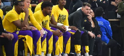 Feb 4, 2025; Inglewood, California, USA; against the Los Angeles Lakers guard Luka Doncic watches game action against the against the Los Angeles Clippers during the first half at Intuit Dome. Mandatory Credit: Gary A. Vasquez-Imagn Images