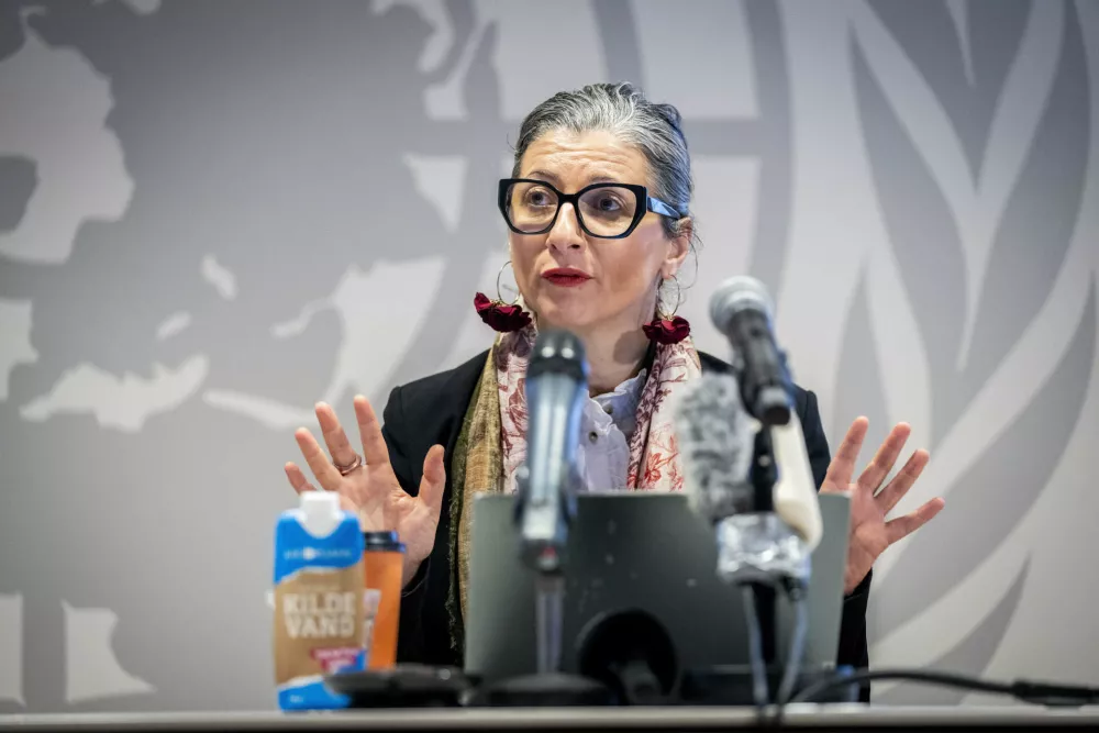 UN Special Rapporteur for the occupied Palestinian territories Francesca Albanese gives a press conference at the UN City in Copenhagen, Wednesday, Feb. 5, 2025. (Ida Marie Odgaard/Ritzau Scanpix via AP)