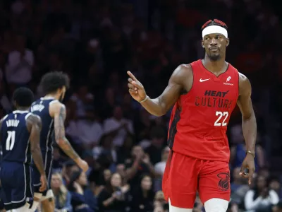 Nov 24, 2024; Miami, Florida, USA; Miami Heat forward Jimmy Butler (22) reacts against the Dallas Mavericks during the second half at Kaseya Center. Mandatory Credit: Rhona Wise-Imagn Images