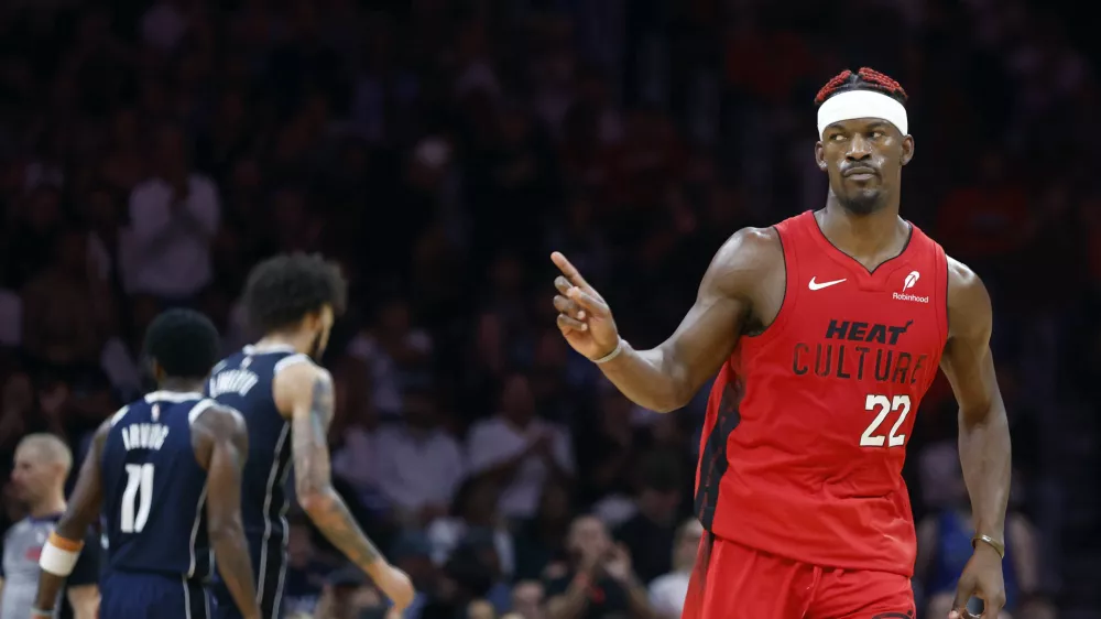 Nov 24, 2024; Miami, Florida, USA; Miami Heat forward Jimmy Butler (22) reacts against the Dallas Mavericks during the second half at Kaseya Center. Mandatory Credit: Rhona Wise-Imagn Images