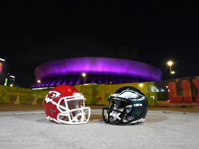 Feb 5, 2025; New Orleans, LA, USA; Kansas City Chiefs and Philadelphia Eagles helmets at the Caesars Superdome prior to Super Bowl LIX. Mandatory Credit: Kirby Lee-Imagn Images