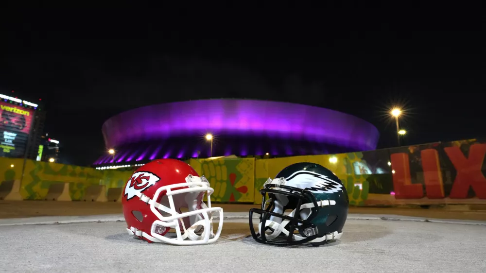 Feb 5, 2025; New Orleans, LA, USA; Kansas City Chiefs and Philadelphia Eagles helmets at the Caesars Superdome prior to Super Bowl LIX. Mandatory Credit: Kirby Lee-Imagn Images