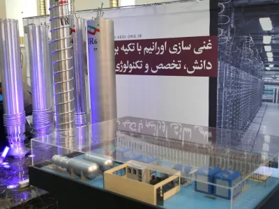 Iranian centrifuges are seen on display during a meeting between Iran's Supreme Leader Ayatollah Ali Khamenei and nuclear scientists and personnel of the Atomic Energy Organization of Iran (AEOI), in Tehran, Iran June 11, 2023. Office of the Iranian Supreme Leader/WANA (West Asia News Agency) via REUTERS ATTENTION EDITORS - THIS PICTURE WAS PROVIDED BY A THIRD PARTY