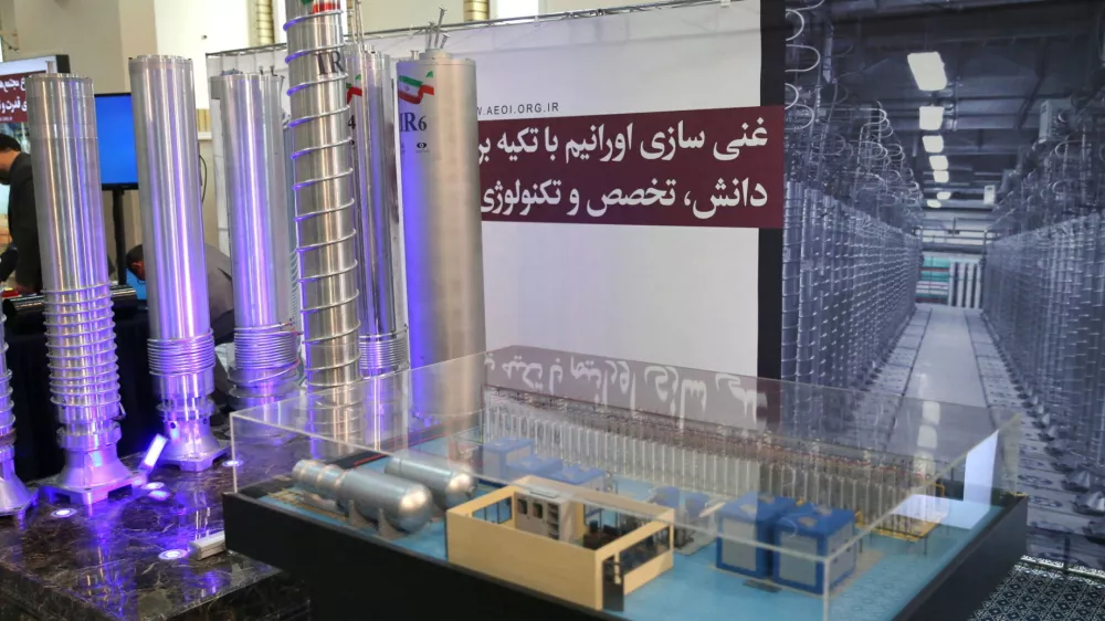 Iranian centrifuges are seen on display during a meeting between Iran's Supreme Leader Ayatollah Ali Khamenei and nuclear scientists and personnel of the Atomic Energy Organization of Iran (AEOI), in Tehran, Iran June 11, 2023. Office of the Iranian Supreme Leader/WANA (West Asia News Agency) via REUTERS ATTENTION EDITORS - THIS PICTURE WAS PROVIDED BY A THIRD PARTY