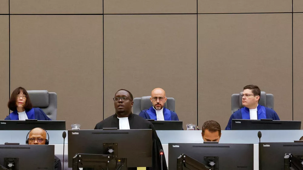 FILE PHOTO: Judge Rosario Salvatore Aitala, Judge Tomoko Akane and Judge Sergio Gerardo Ugalde Godinez attend the International Criminal Court, as it holds hearings to determine the exact charges it will bring against former Central African Republic militia leader Maxime Jeoffroy Eli Mokom Gawaka in The Hague, Netherlands, August 22, 2023. REUTERS/Piroschka van de Wouw/Pool/File Photo