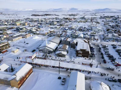 FILE - The city of Nome, Alaska, awaits the first Iditarod Trail Sled Dog Race musher Tuesday, March 14, 2023. Ryan Redington won the race. (Loren Holmes/Anchorage Daily News via AP, File)