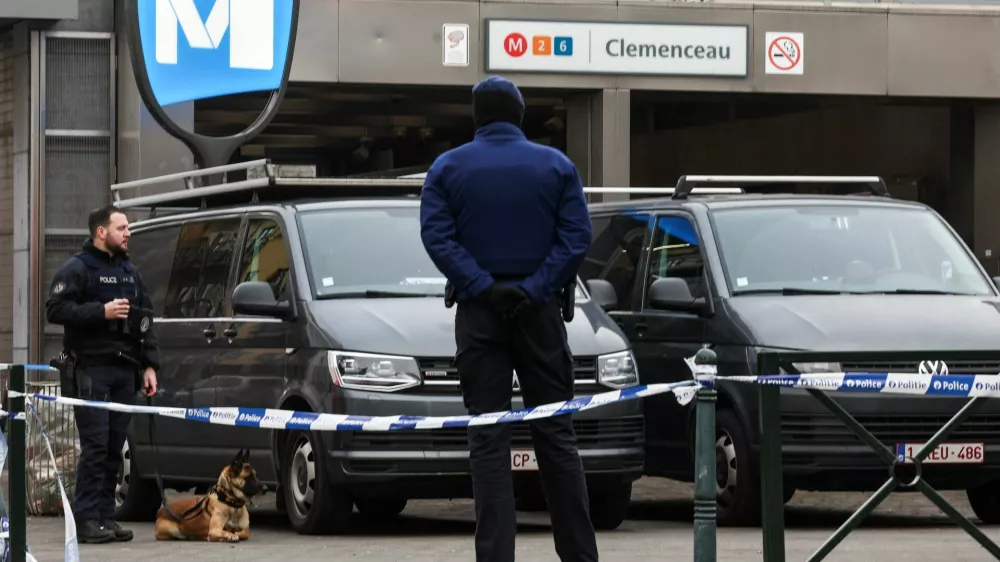 Security personnel secure the area at the Clemenceau metro station, after a shooting took place in Brussels, Belgium February 5, 2025. REUTERS/Yves Herman