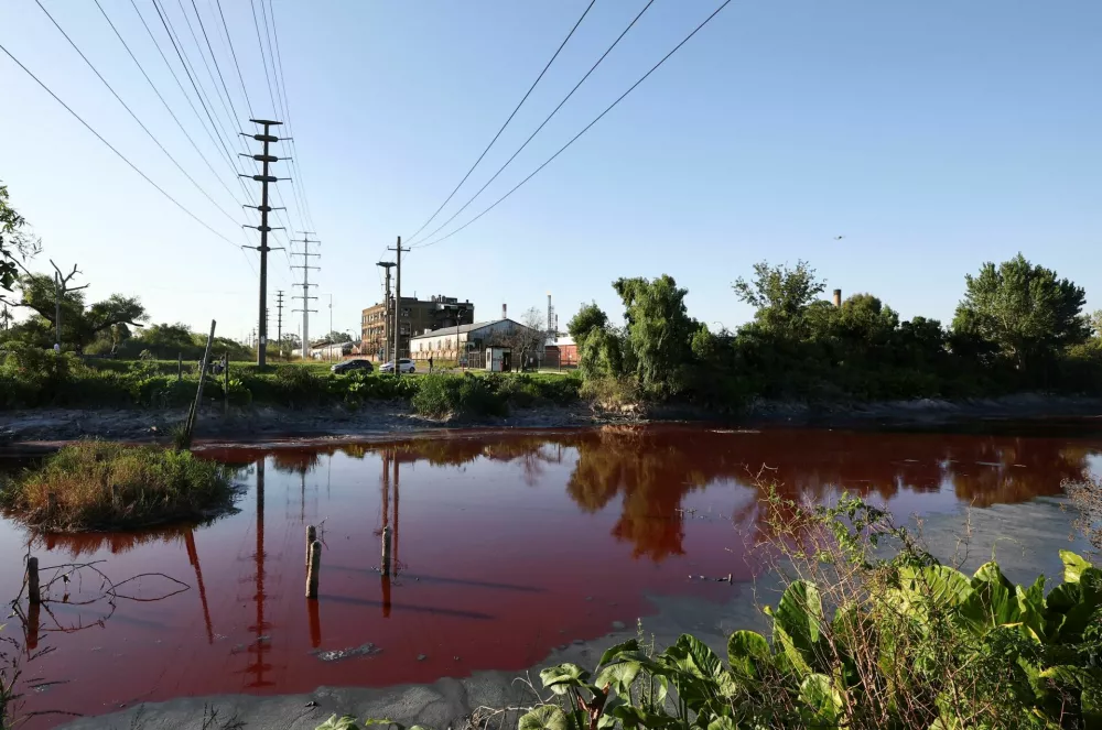 The Sarandi stream, which flows into the Rio de la Plata river, is seen dyed red for unknown reasons, in Buenos Aires, Argentina February 6, 2025. REUTERS/Agustin Marcarian