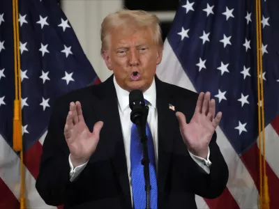 President Donald Trump speaks at a dinner with Senate Republicans at Mar-a-Lago in Palm Beach, Fla., Friday, Feb. 7, 2025. (AP Photo/Ben Curtis)