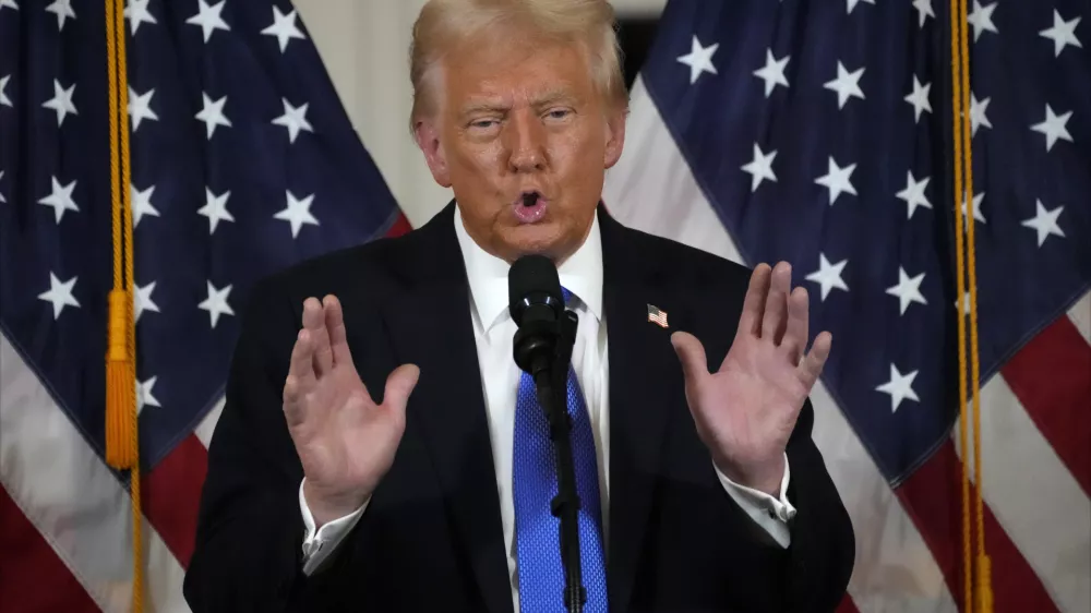 President Donald Trump speaks at a dinner with Senate Republicans at Mar-a-Lago in Palm Beach, Fla., Friday, Feb. 7, 2025. (AP Photo/Ben Curtis)