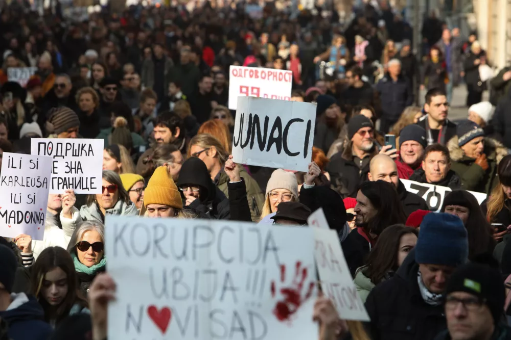 S protestom so zahtevali konec korupcije v Srbiji, od ljubljanskega župana pa, da umakne podporo srbskemu predsedniku. Foto: Bojan Velikonja