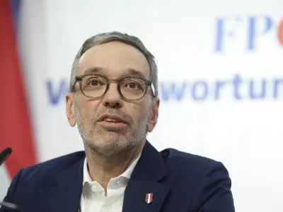 The leader of Austria's Freedom Party, Herbert Kickl, addresses a news conference, in Vienna, Austria, Tuesday, Jan 7, 2025. Herbert Kickl received a mandate Monday to try to form a new government. (AP Photo/Heinz-Peter Bader)