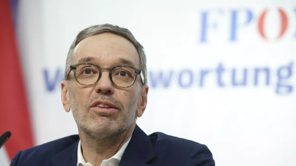 The leader of Austria's Freedom Party, Herbert Kickl, addresses a news conference, in Vienna, Austria, Tuesday, Jan 7, 2025. Herbert Kickl received a mandate Monday to try to form a new government. (AP Photo/Heinz-Peter Bader)