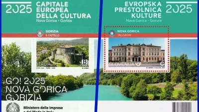 EPK GO! 2025 slavi skupna izdaja blokov velikosti 130 × 85 mm s po dvema znamkama (levo italijanska polovica bloka, desno slovenska).