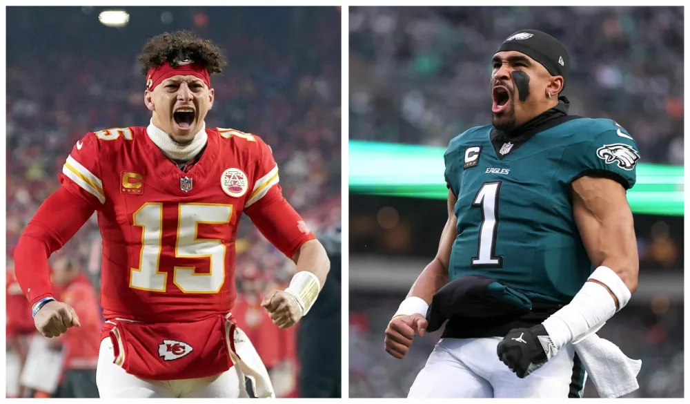 A combination picture shows Kansas City Chiefs quarterback Patrick Mahomes, the Vince Lombardi trophy and Philadelphia Eagles quarterback Jalen Hurts ahead of the Super Bowl LIX. February, 2025. REUTERS/Imagn Images Left Image Caption: Jan 26, 2025; Kansas City, MO, USA; Kansas City Chiefs quarterback Patrick Mahomes (15) reacts before the AFC Championship game against the Buffalo Bills at GEHA Field at Arrowhead Stadium. Mandatory Credit: Denny Medley-Imagn Images Right Image Caption: Jan 19, 2025; Philadelphia, Pennsylvania, USA; Philadelphia Eagles quarterback Jalen Hurts (1) before action against the Los Angeles Rams in a 2025 NFC divisional round game at Lincoln Financial Field. Mandatory Credit: Bill Streicher-Imagn Images