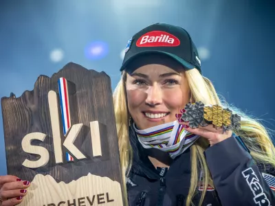 FILED - 18 February 2023, France, Courchevel: US Silver medalist Mikaela Shiffrin celebrates during the award ceremony of the Women's Slalom event of the FIS Alpine Ski World Championship 2023 in Meribel. Shiffrin may not return to the World Cup this season if her injury recovery continues to be rocky. Photo: Michael Kappeler/dpa