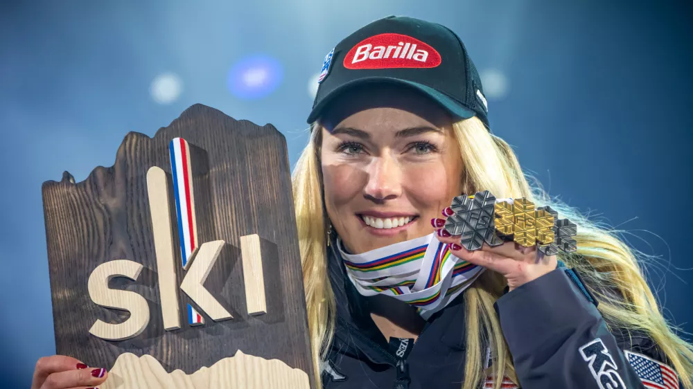 FILED - 18 February 2023, France, Courchevel: US Silver medalist Mikaela Shiffrin celebrates during the award ceremony of the Women's Slalom event of the FIS Alpine Ski World Championship 2023 in Meribel. Shiffrin may not return to the World Cup this season if her injury recovery continues to be rocky. Photo: Michael Kappeler/dpa