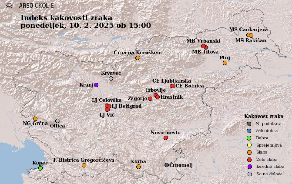 Ponedeljkove vrednosti onesnaženja zraka po državi. Vir: Arso