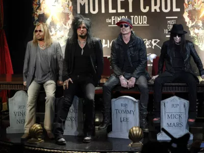 ﻿Members of rock band Motley Crue (from L-R) Vince Neil, Nikki Sixx, Tommy Lee and Mick Mars pose at a news conference announcing The Final Tour in Hollywood, California January 28, 2014. REUTERS/Mario Anzuoni (UNITED STATES - Tags: ENTERTAINMENT TPX IMAGES OF THE DAY)