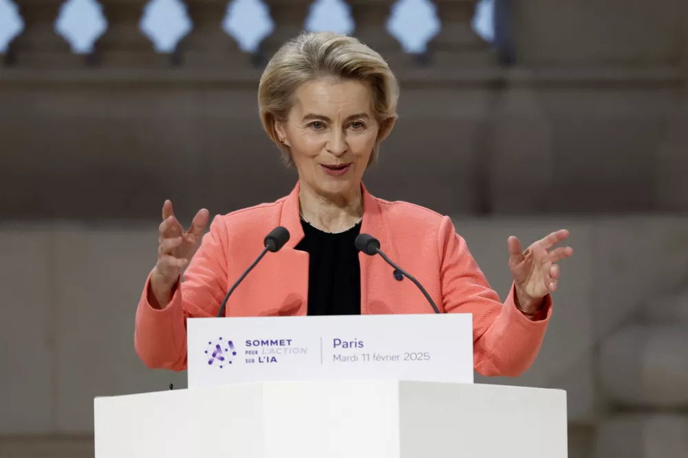 European Commission President Ursula von der Leyen delivers a speech during the plenary session of the Artificial Intelligence (AI) Action Summit at the Grand Palais in Paris, France, February 11, 2025. REUTERS/Benoit Tessier