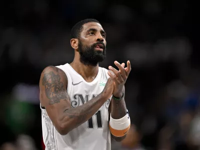 Feb 8, 2025; Dallas, Texas, USA; Dallas Mavericks guard Kyrie Irving (11) acknowledges the fans during the second half of the game against the Houston Rockets at the American Airlines Center. Mandatory Credit: Jerome Miron-Imagn Images