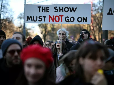 People take part in a protest organised by Serbian actors and theatre artists in support of students' demonstrations over the fatal November 2024 Novi Sad railway station roof collapse, in Belgrade, Serbia, February 11, 2025. REUTERS/Stoyan Nenov