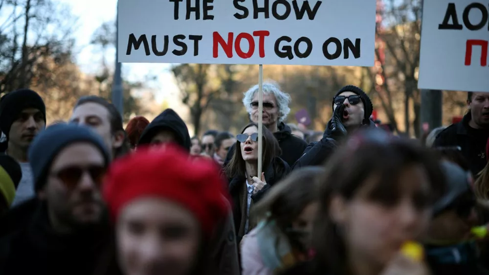 People take part in a protest organised by Serbian actors and theatre artists in support of students' demonstrations over the fatal November 2024 Novi Sad railway station roof collapse, in Belgrade, Serbia, February 11, 2025. REUTERS/Stoyan Nenov