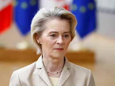 European Commission President Ursula von der Leyen looks on as she meets Canadian Prime Minister Justin Trudeau and European Council President Antonio Costa in Brussels, Belgium February 12, 2025. REUTERS/Stephanie Lecocq