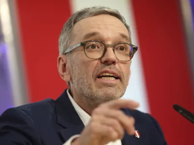 FILE - The leader of Austria's Freedom Party, Herbert Kickl, addresses a news conference, in Vienna, Austria, Tuesday, Jan. 7, 2025. (AP Photo/Heinz-Peter Bader, File)