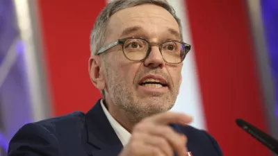 FILE - The leader of Austria's Freedom Party, Herbert Kickl, addresses a news conference, in Vienna, Austria, Tuesday, Jan. 7, 2025. (AP Photo/Heinz-Peter Bader, File)