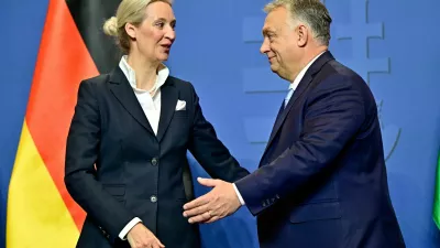 Hungarian Prime Minister Viktor Orban and Alternative for Germany (AfD) party co-leader Alice Weidel react as they hold a joint press conference in Budapest, Hungary, February 12, 2025. REUTERS/Marton Monus