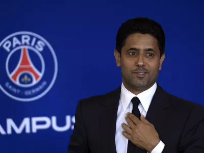 FILE - PSG president Nasser Al-Khelaifi speaks during a press conference at the new Paris-Saint-Germain training ground Wednesday, July 5, 2023 in Poissy, west of Paris. (AP Photo/Aurelien Morissard, File)