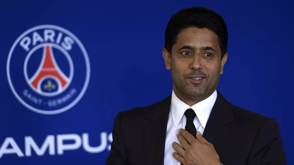 FILE - PSG president Nasser Al-Khelaifi speaks during a press conference at the new Paris-Saint-Germain training ground Wednesday, July 5, 2023 in Poissy, west of Paris. (AP Photo/Aurelien Morissard, File)