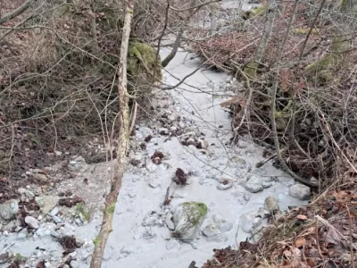 Ekipa Alpe Adria Green si je območje v bližini zajetja Ovčja jama ogledala v sredo in ugotovila, da gre pri izlitju za večjo količino bele snovi, ki jo pod nobenimi pogoji ne bi smeli izpuščati na vodovarstveno območje. Foto: AAG