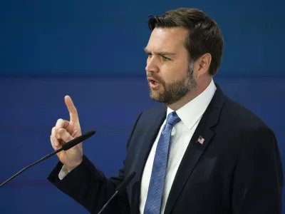 United States Vice-President JD Vance addresses the audience during the Munich Security Conference at the Bayerischer Hof Hotel in Munich, Germany, Friday, Feb. 14, 2025. (AP Photo/Matthias Schrader)