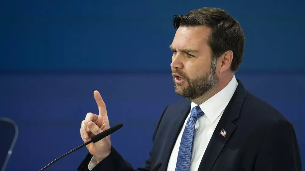 United States Vice-President JD Vance addresses the audience during the Munich Security Conference at the Bayerischer Hof Hotel in Munich, Germany, Friday, Feb. 14, 2025. (AP Photo/Matthias Schrader)