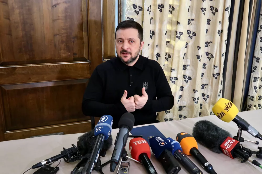 14 February 2025, Bavaria, Munich: Ukraine's President Volodymyr Zelensky addresses journalists at the Bayerischer Hof conference hotel during the 61st Munich Security Conference (MSC). Photo: -/Ukrinform/dpa