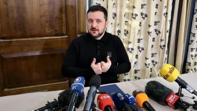 14 February 2025, Bavaria, Munich: Ukraine's President Volodymyr Zelensky addresses journalists at the Bayerischer Hof conference hotel during the 61st Munich Security Conference (MSC). Photo: -/Ukrinform/dpa