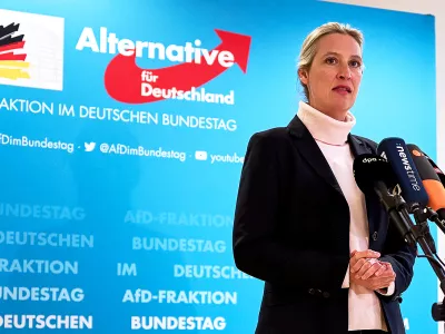 13 February 2025, Berlin: Alice Weidel, Chairwoman of the Alternative for Germany (AfD), and candidate for German chancellor, makes a statement following the suspected attack in Munich. A driver crashed his car into a trade union march making its way through the streets of Munich in what authorities believe was a deliberate attack late on Thursday morning, leaving at least 28 injured. Photo: Michael Ukas/dpa / Foto: Michael Ukas